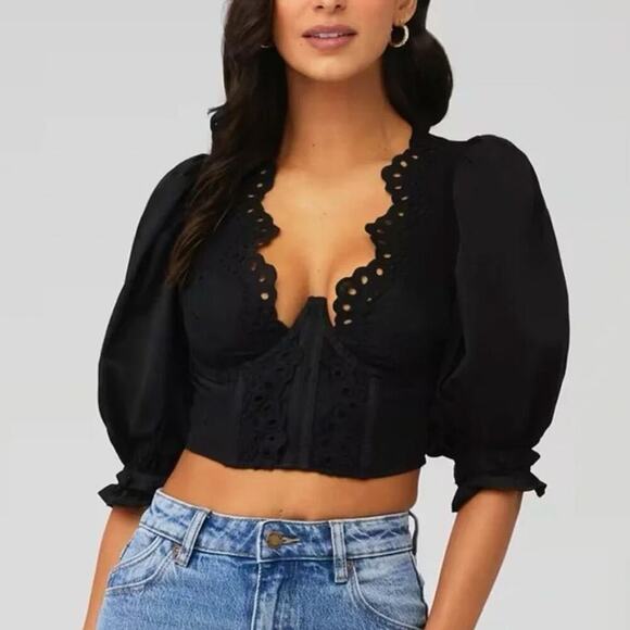 For Love And Lemons Tops - For Love & Lemons Serena Eyelet Bustier Crop Top in Black Size M